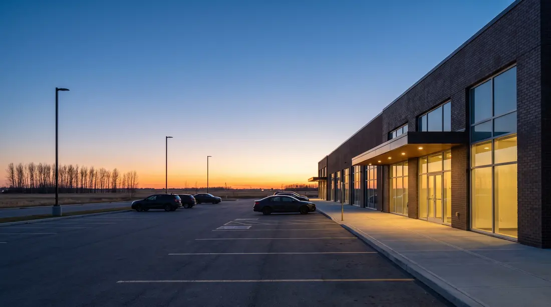 Generated illustration: a low brick building with lit windows beside a parking lot on the edge of a northern prairie city at dusk; not a photograph of the casino.