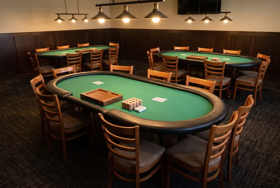 Generated illustration: an empty oval poker table with green felt, wooden chairs and a closed dealer tray under pendant lamps; not a photograph of the casino.